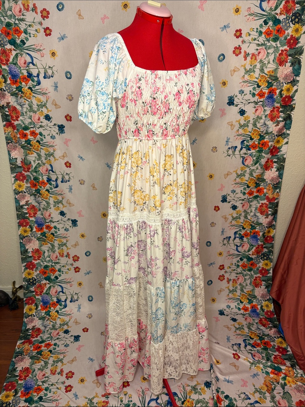 Bohemian Tiered Floral Pastel Maxi Dress in Multi-Color w/ Lace
